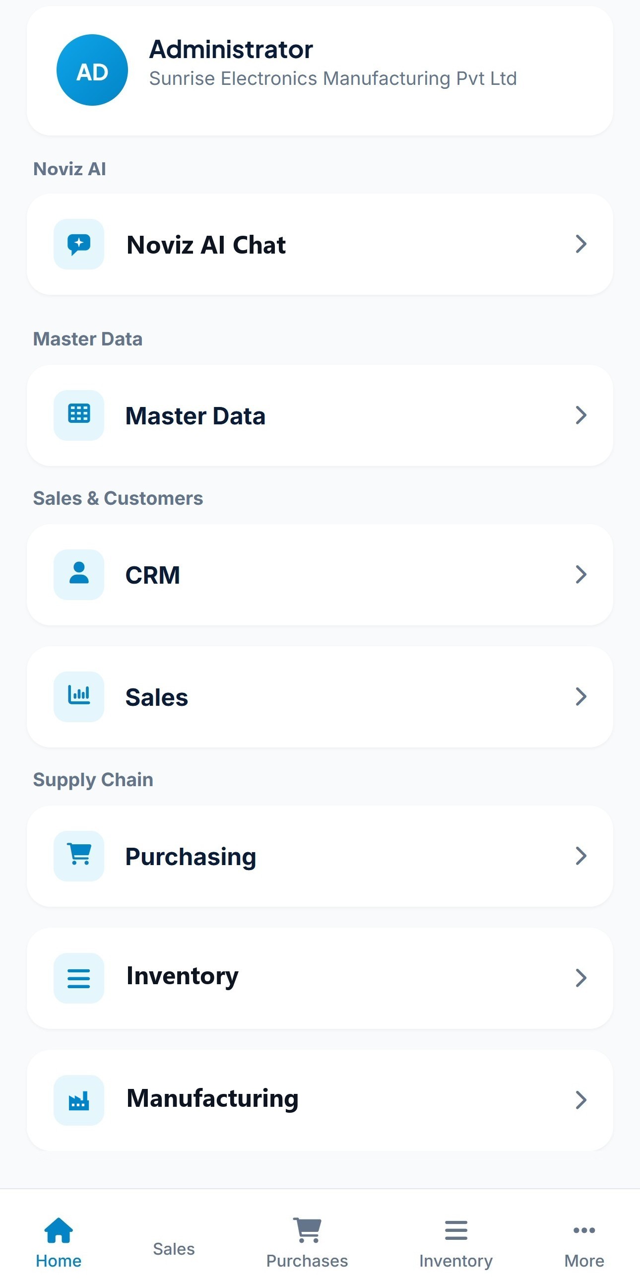 Noviz ERP mobile menu across every module