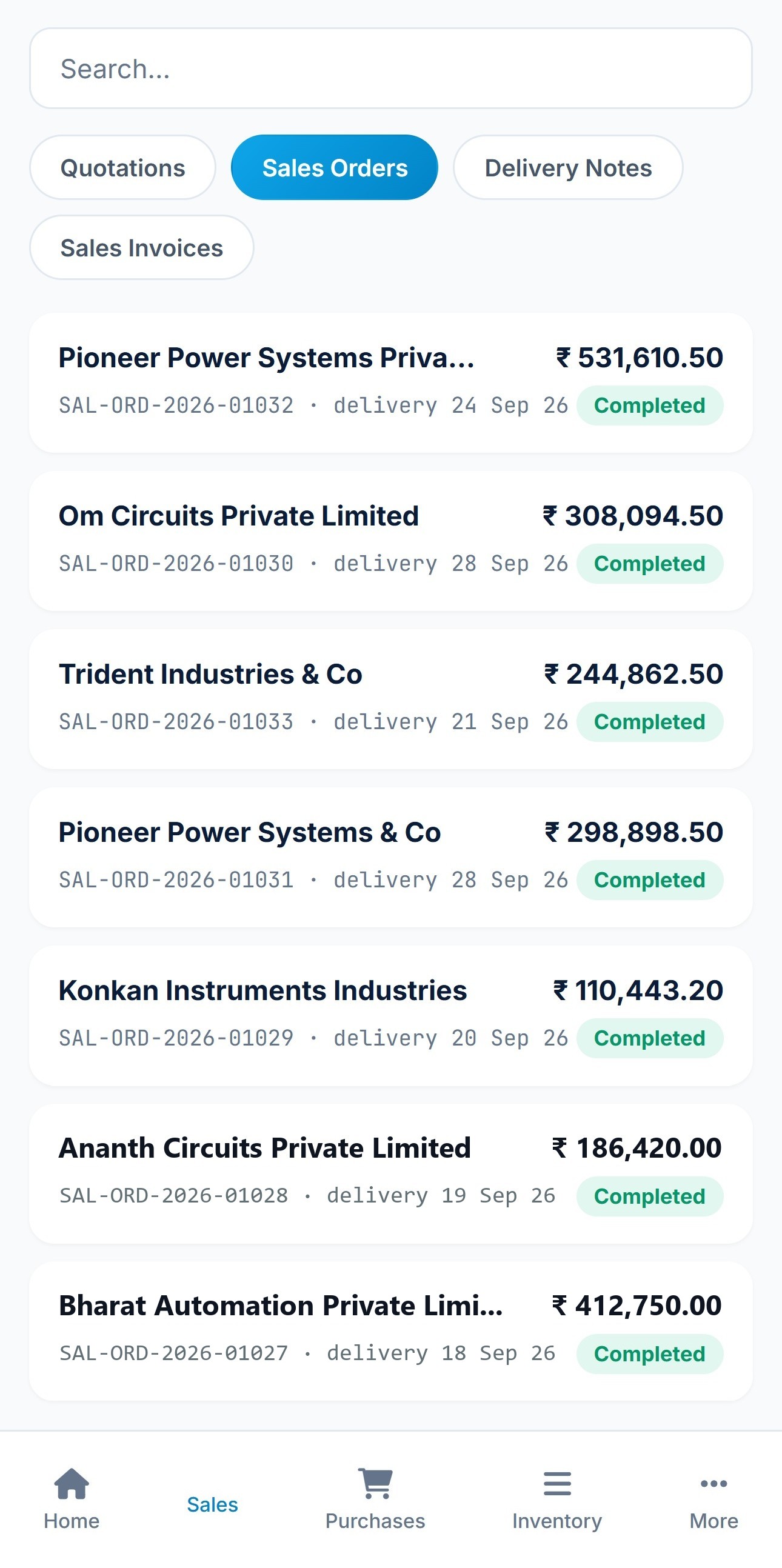 Noviz ERP on mobile, showing live Sales Orders